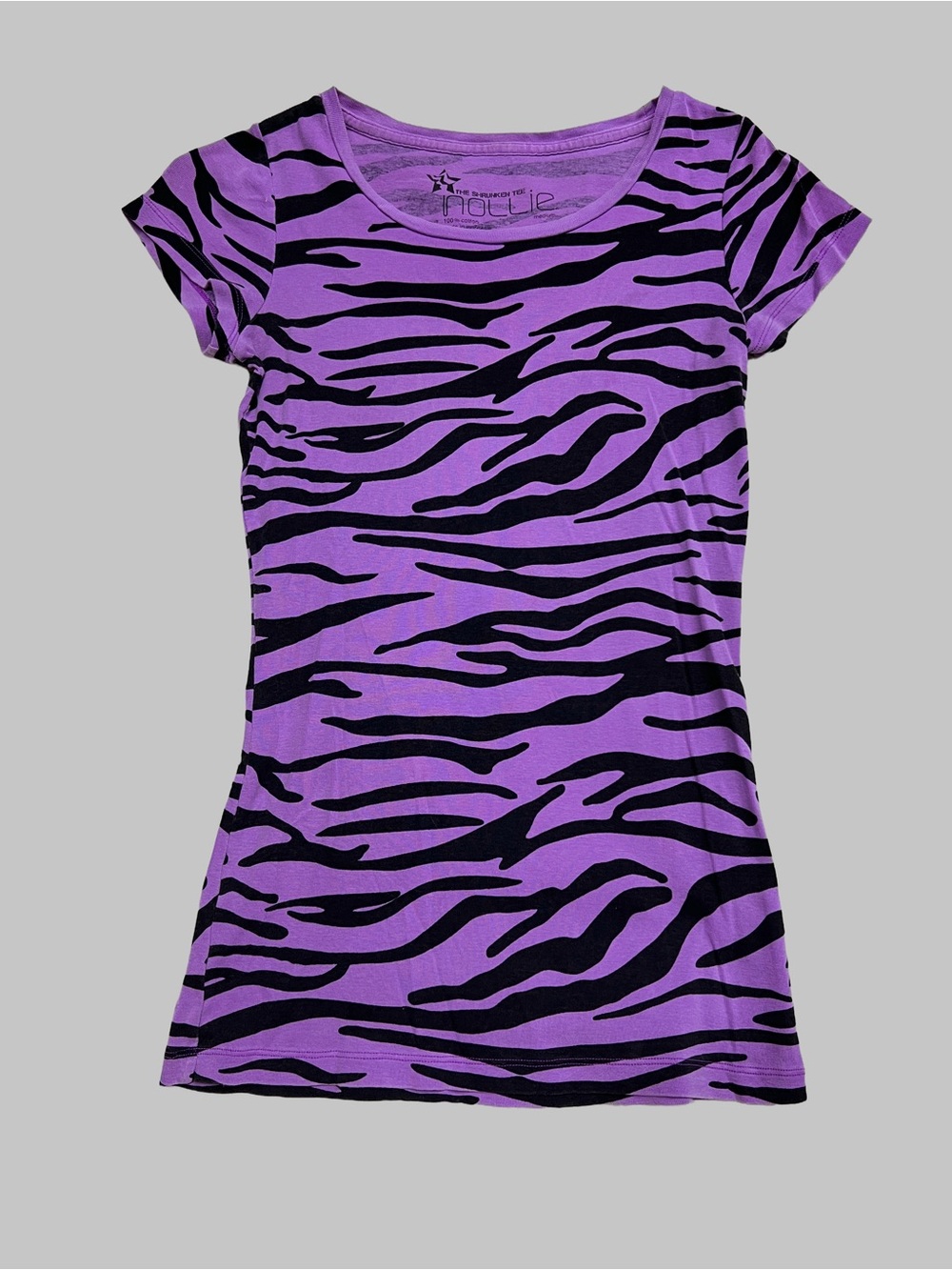 Nollie Purple and Black Zebra Stripe Short Sleeve Baby Doll Tee Y2K Scoop Neck - Picture 10 of 11